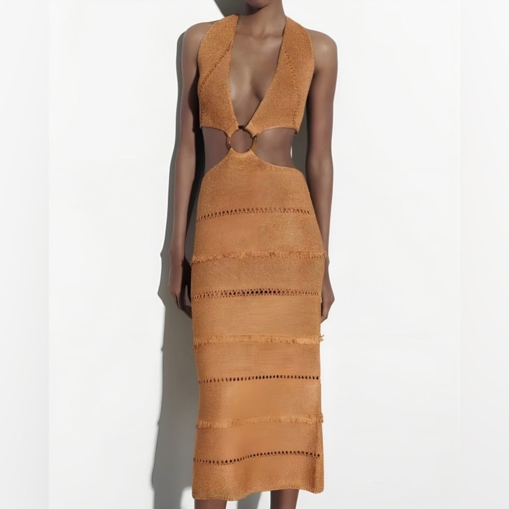 Zara Metallic Thread Knit Dress With Buckle Golden Brown Size S NWOT